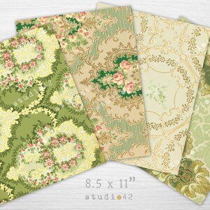 May include: Four sheets of decorative paper with vintage floral and damask patterns in shades of green, yellow, and pink. The paper measures 8.5 x 11 inches.
