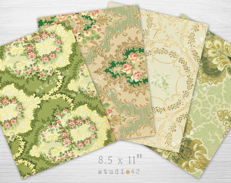 May include: Four sheets of decorative paper with vintage floral and damask patterns in shades of green, yellow, and pink. The paper measures 8.5 x 11 inches.