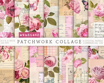 Pink Antique Collage Papers, Floral Ledger Junk Journal Pages, Flowers Antique Ephemera, Vintage floral pages, Collage Journal Sheets