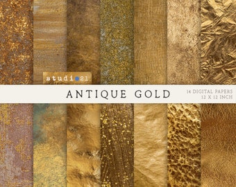 Antique Gold Digital Textures, Aged Gold Digital Papers, Old Gold Backgrounds, Gold Foil Textures, Gold Shimmer Scrapbooking Papers