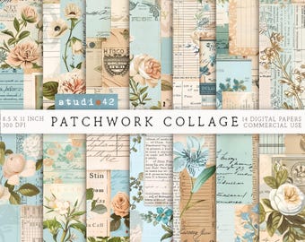 Blue & Beige Antique Collage Papers, Floral Ledger Junk Journal Pages, Flower Antique Ephemera, Vintage floral pages, Collage Journal Sheets