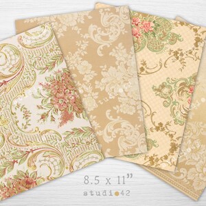 Pu&ograve; includere: Quattro fogli di carta digitale con motivi floreali vintage in tonalit&agrave; crema, verde e rosa. I fogli misurano 8,5 x 11 pollici e presentano disegni intricati.