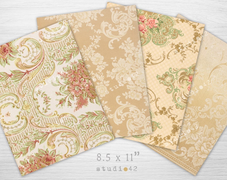 Pu&ograve; includere: Quattro fogli di carta digitale con motivi floreali vintage in tonalit&agrave; crema, verde e rosa. I fogli misurano 8,5 x 11 pollici e presentano disegni intricati.