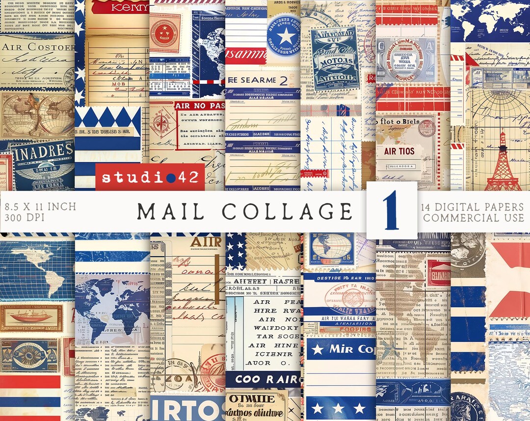 Postage Collage Ledger Paper, Air Mail Ledger Paper, Old Postage ...