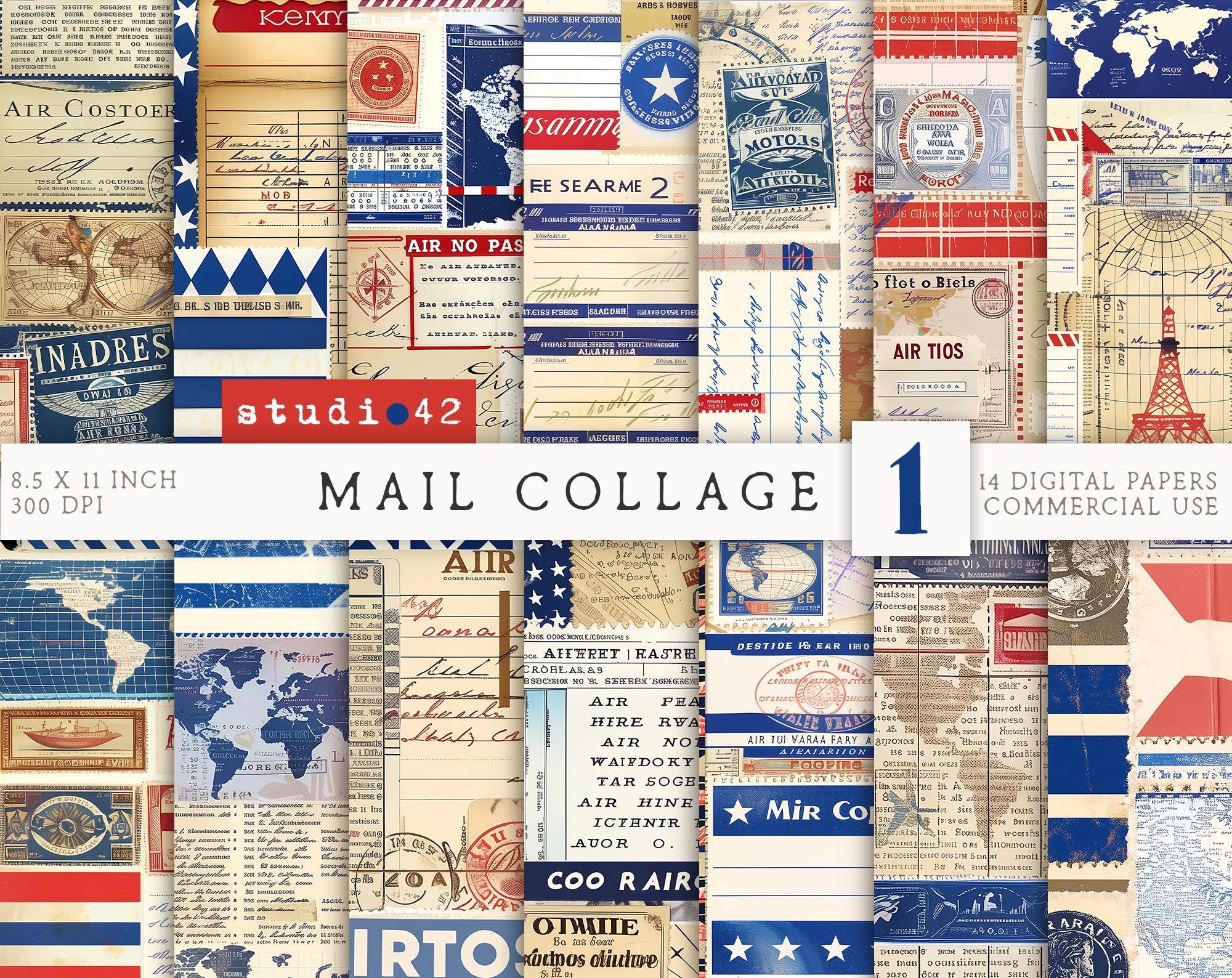 Postage Collage Ledger Paper, Air Mail Ledger Paper, Old Postage Scrapbook Papers, Vintage Post Journal Pages, Old Ledger Paper Pack, Post