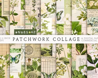 Green Antique Collage Papers, Floral Ledger Junk Journal Pages, Flower Antique Ephemera, Vintage floral pages, Collage Journal Sheets