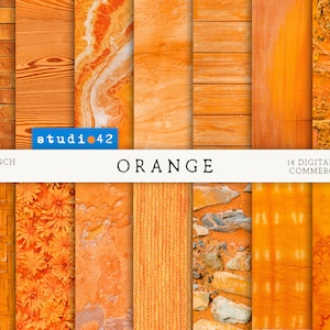 Puede incluir: Un conjunto de 14 papeles digitales en varios tonos de naranja, con texturas como ladrillo, madera, mármol y patrones tejidos. Los papeles son de 30,48 x 30,48 cm y 300 DPI, aptos para uso comercial.