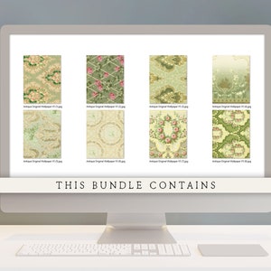 May include: A digital display showcasing eight different antique wallpaper designs. Each design features a unique pattern with floral motifs, intricate details, and a vintage aesthetic. The designs are labeled "Antique Original Wallpaper V1 13.jpg" through "Antique Original Wallpaper V1 20.jpg".