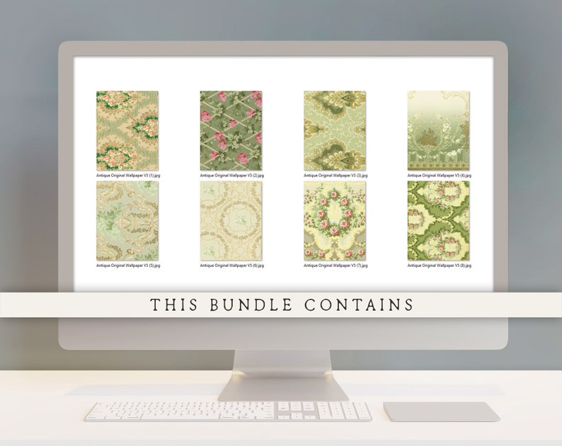 May include: A digital display showcasing eight different antique wallpaper designs. Each design features a unique pattern with floral motifs, intricate details, and a vintage aesthetic. The designs are labeled "Antique Original Wallpaper V1 13.jpg" through "Antique Original Wallpaper V1 20.jpg".