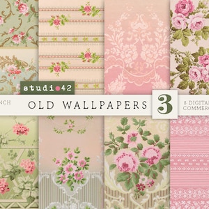 May include: A collection of eight digital papers with vintage floral and damask patterns. The papers feature roses, stripes, and ornate designs in shades of pink, green, and cream. The text "OLD WALLPAPERS 3" is visible, along with the dimensions 8.5 x 11 inches.