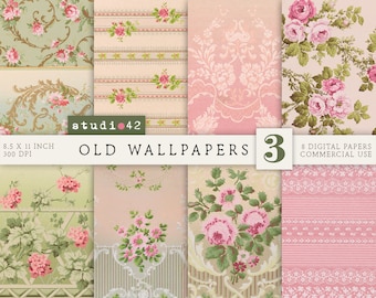 May include: A collection of eight digital papers with vintage floral and damask patterns. The papers feature roses, stripes, and ornate designs in shades of pink, green, and cream. The text "OLD WALLPAPERS 3" is visible, along with the dimensions 8.5 x 11 inches.