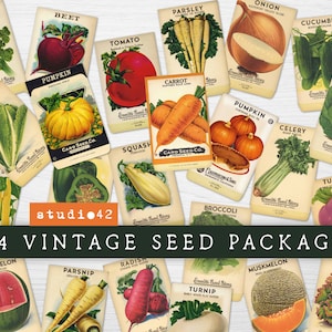 Ephemera di pacchetti di semi vintage, pacchetti di semi di verdure stampabili, fogli di collage digitali di semi, pacchetti di semi di verdure vintage stampabili