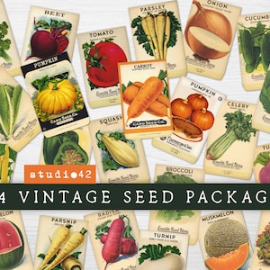 Vintage Seed Packs Ephemera, Vegetable Seeds Packs Printables, Seeds Digital Collage Sheets, Vintage Vegetable Seed Packets Printable