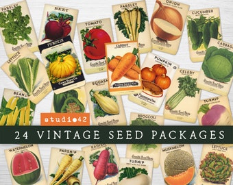 Vintage Seed Packs Ephemera, Vegetable Seeds Packs Printables, Seeds Digital Collage Sheets, Vintage Vegetable Seed Packets Printable