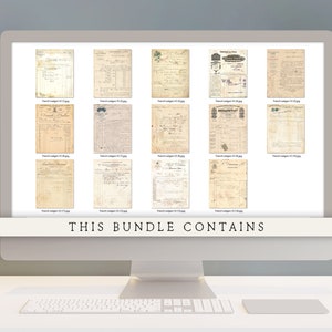 May include: A computer screen displaying a collection of 12 vintage French ledger pages, each with a unique design and text. The pages are labeled with the text "French Ledgers" and a number. The text "THIS BUNDLE CONTAINS" is displayed at the bottom of the screen.