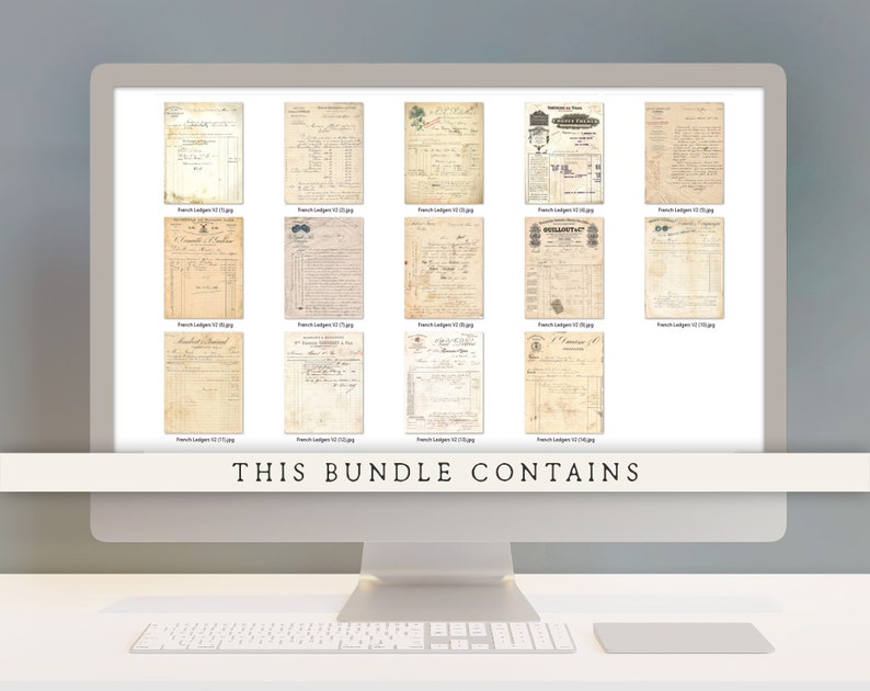 May include: A computer screen displaying a collection of 12 vintage French ledger pages, each with a unique design and text. The pages are labeled with the text "French Ledgers" and a number. The text "THIS BUNDLE CONTAINS" is displayed at the bottom of the screen.