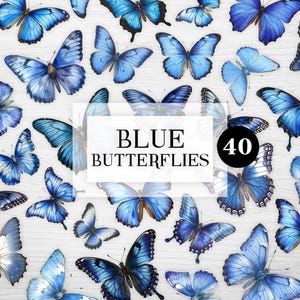 Paquete de 40 imágenes prediseñadas de mariposas azules, imágenes prediseñadas de mariposas azules vintage, mariposas de acuarela azul real, adornos de mariposas para álbumes de recortes