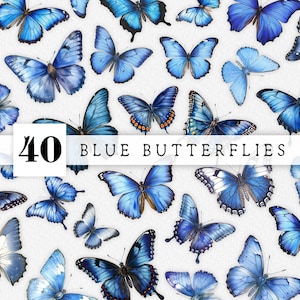 40 Blue butterflies Clipart Pack, Vintage Blue Butterflies Clipart, Royal Blue Watercolour Butterflies, Butterfly Scrapbook Embellishments