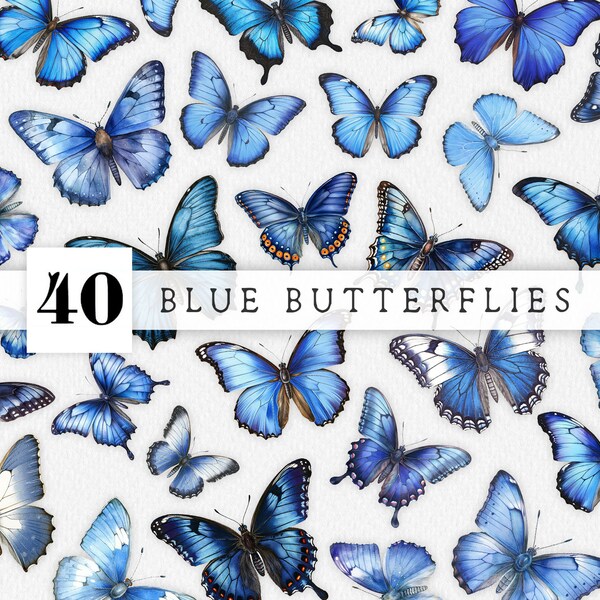 40 Blauwe vlinders Clipart Pack, Vintage Blue Butterflies Clipart, Royal Blue Aquarel Vlinders, Butterfly Scrapbook Embellishments