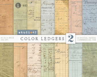 May include: A set of 14 digital papers featuring vintage ledger pages with handwritten text and grid patterns. The papers are in various colors, including beige, blue, green, and pink. The papers are 8.5 inches by 11 inches and 300 DPI. The papers are for commercial use.