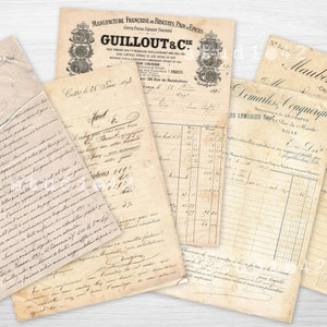 May include: A collection of vintage French documents with handwritten text in black ink on aged paper. The documents include receipts, invoices, and letters. The text includes the words "Manufacture Francaise de Biscuits, Pain & Epices", "GUILLOUT & C", "Maubert & Isnard", "Domarles Conquerque", and "Les Lemanieu Sp&eacute;cialit&eacute; de March&eacute;".