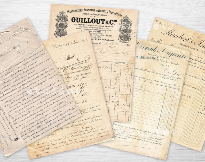 May include: A collection of vintage French documents with handwritten text in black ink on aged paper. The documents include receipts, invoices, and letters. The text includes the words "Manufacture Francaise de Biscuits, Pain & Epices", "GUILLOUT & C", "Maubert & Isnard", "Domarles Conquerque", and "Les Lemanieu Sp&eacute;cialit&eacute; de March&eacute;".