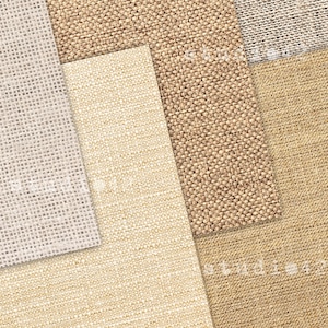 May include: A close-up of four different types of woven fabric. The fabrics are in shades of beige, brown, and white. The fabric textures are visible in the image.