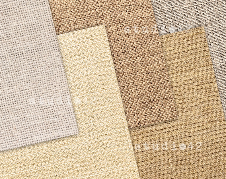 May include: A close-up of four different types of woven fabric. The fabrics are in shades of beige, brown, and white. The fabric textures are visible in the image.
