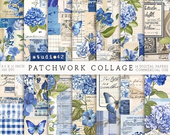 Blue Antique Collage Papers, Floral Ledger Junk Journal Pages, Flowers Antique Ephemera, Vintage floral pages, Collage Journal Sheets