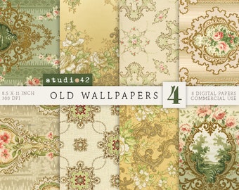 May include: Set of eight digital papers featuring vintage wallpaper designs. The papers feature floral patterns, intricate details, and a color palette of green, gold, and pink. The papers are 8.5 inches by 11 inches and 300 DPI.  The text "Old Wallpapers" and "8 Digital Papers Commercial Use" is included in the image.