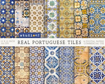 Portuguese Tiles background digital papers, Real Azulejo wall texture papers, Colorful tiles Textures Scrapbook Paper, Digital Backdrops