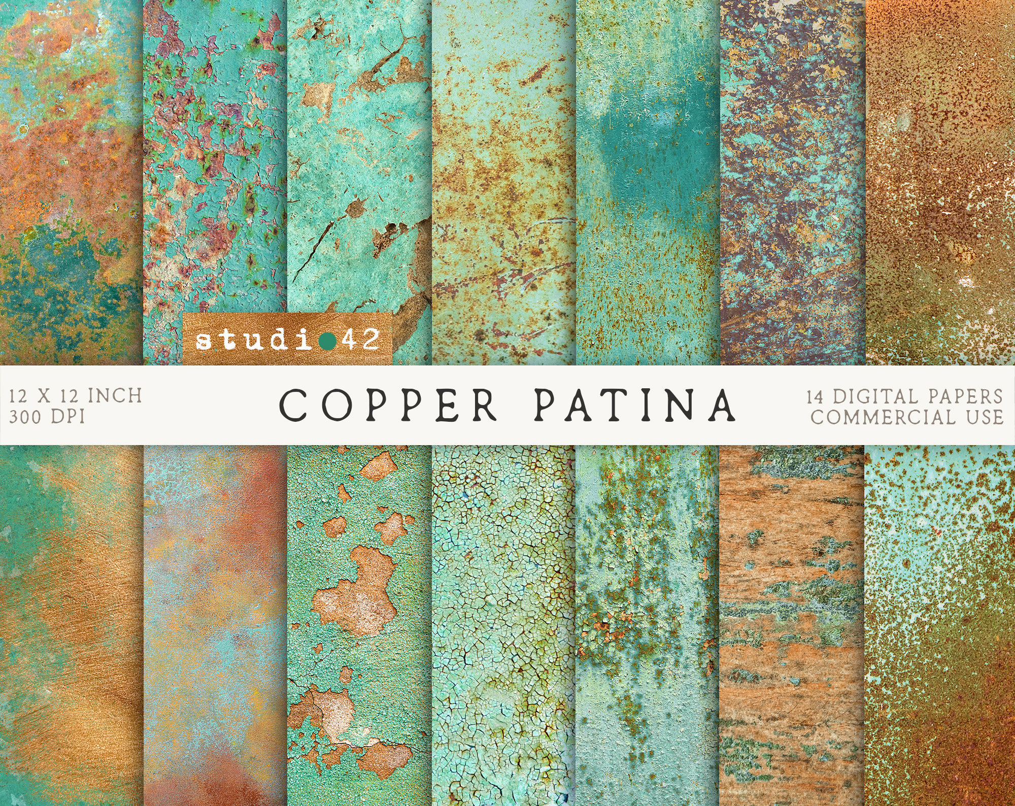 Copper Patina Digital Papers, Antique Copper Textures, Rust