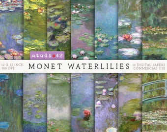 Waterlilies Monet Digital Paper Pack, Claude Monet Paintings Digital Paper, Monet Backgrounds, Monet Paintings, Monet Artist Print Set