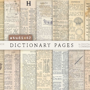 Oude woordenboekpagina's digitaal papier, oud woordenboek afdrukbaar papier, afdrukbaar decoupagepapier, oude woordenboekdecoratie, oud papier texturen