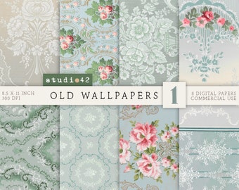 May include: A collection of eight digital papers with vintage floral and damask patterns in soft pastel colors. The papers feature roses, peonies, and other floral designs. The text "OLD WALLPAPERS" and "8.5 X 11 INCH" are visible.