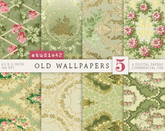 May include: Set of eight digital papers featuring vintage wallpaper designs. The papers feature floral patterns, ornate designs, and a green and gold color scheme. The papers are 8.5 inches by 11 inches and 300 DPI.