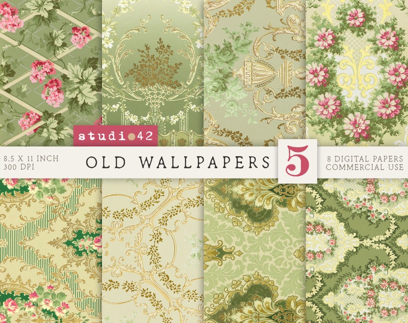 May include: Set of eight digital papers featuring vintage wallpaper designs. The papers feature floral patterns, ornate designs, and a green and gold color scheme. The papers are 8.5 inches by 11 inches and 300 DPI.