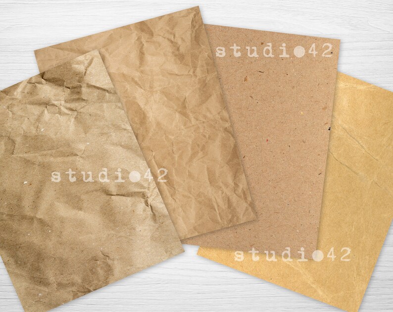 May include: Four sheets of brown paper with a textured, crinkled surface. The paper is a light brown color with a slightly yellowed hue. The paper is arranged in a stack, with the top sheet slightly overlapping the bottom sheet. The paper is a great addition to any craft project or scrapbook.