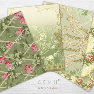 May include: Four digital paper designs featuring vintage floral patterns in shades of green, pink, and white. The designs include a trellis pattern with pink flowers, a floral damask pattern, a floral pattern with a gold border, and a floral pattern with a white lace overlay. The text "8.5 x 11" and "studio42" is printed at the bottom of the image.