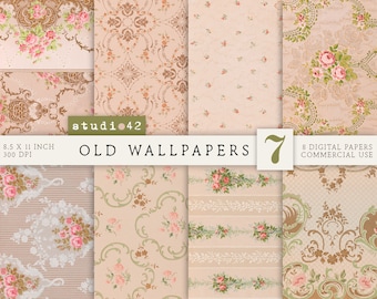 May include: Set of 8 digital papers featuring vintage floral and damask patterns in shades of pink, brown, and green. The papers are 8.5 x 11 inches and 300 DPI.  The text "studio42 OLD WALLPAPERS 7 8 DIGITAL PAPERS COMMERCIAL USE" is included in the image.
