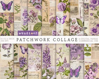 Purple Antique Collage Papers, Floral Ledger Junk Journal Pages, Lavender Antique Ephemera, Vintage floral pages, Collage Journal Sheets