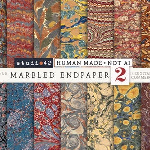 May include: A collection of 14 digital papers featuring various marbled endpaper patterns in shades of red, blue, yellow, and grey. The image includes text stating studi 42, HUMAN MADE NOT AI, MARBLED ENDPAPER 2, 8.5 X 11 INCH, 300 DPI.