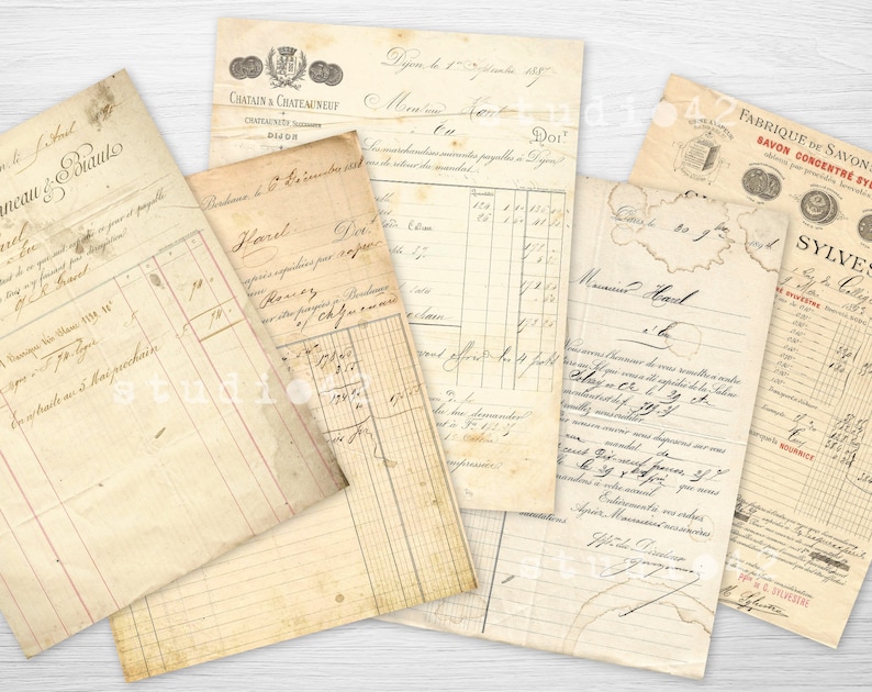 May include: A collection of vintage paper documents with handwritten text in French. The documents are yellowed with age and have a distressed look. The text includes the words "Chatain & Chateauneuf", "Hard", "Dor", "Sylves", and "Savon Concentre".