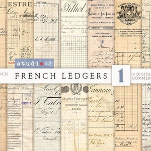 Oude Franse grootboeken, afdrukbaar grootboekpapier, grootboekbladen, digitaal collageblad, afdrukbare dagboekpagina's, grootboekpagina's, antieke Franse ephemera