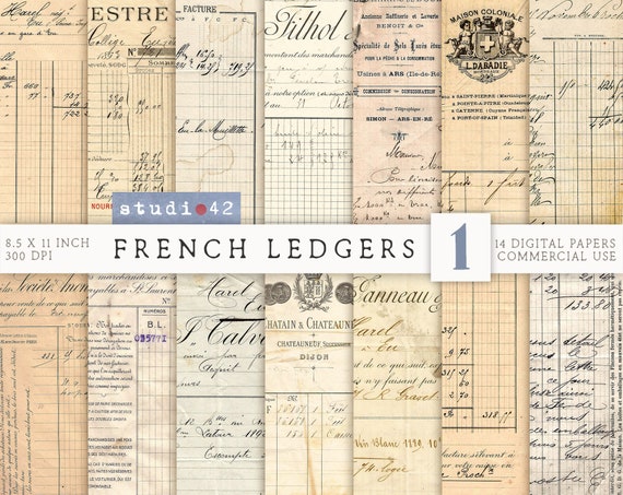 Old French Ledgers, Printable Ledger Paper, Ledger Sheets, Digital Collage Sheet, Printable Journal Ledger Pages, Antique French Ephemera