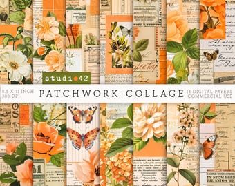 Orange Antique Collage Papers, Floral Ledger Junk Journal Pages, Flowers Antique Ephemera, Vintage floral pages, Collage Journal Sheets