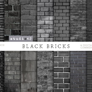 Könnte beinhalten: 14 digitale Papiere mit schwarzen Ziegeltexturen. Jedes Papier ist 12 x 12 Zoll groß und hat 300 DPI.  Kommerzielle Nutzung ist erlaubt. Der Text "BLACK BRICKS" wird in der Mitte des Bildes angezeigt.