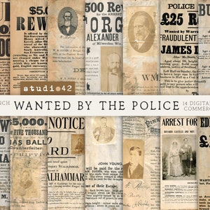 Pósters imprimibles de "Se busca" y "Recompensa", originales del "Criminal más buscado", papeles digitales para álbumes de recortes sobre crímenes, páginas de diarios de crímenes, pósteres antiguos de cárceles.