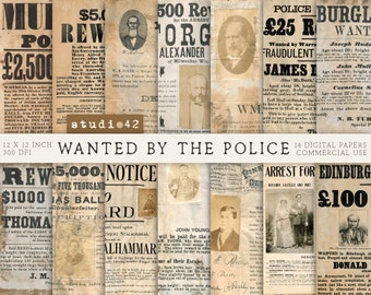 Printable Wanted / Reward Posters, Original Most Wanted Criminal, Crime Digital Scrapbook Papers, Crime Journal Pages, Old Jail Posters