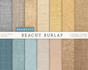 May include: A set of 14 digital paper textures featuring various shades of blue, beige, and brown burlap. The papers are 12 inches by 12 inches and 300 DPI. The text "BEACHY BURLAP" is displayed in the center of the image.